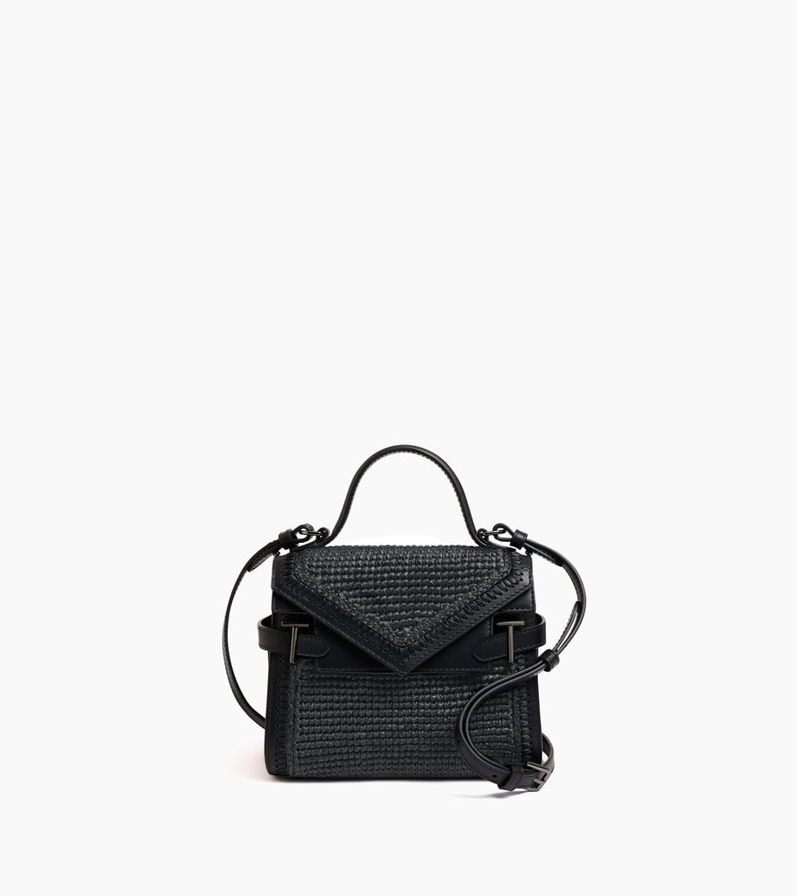 Petit sac à main double rabat Emilie effet raphia et cuir lisse