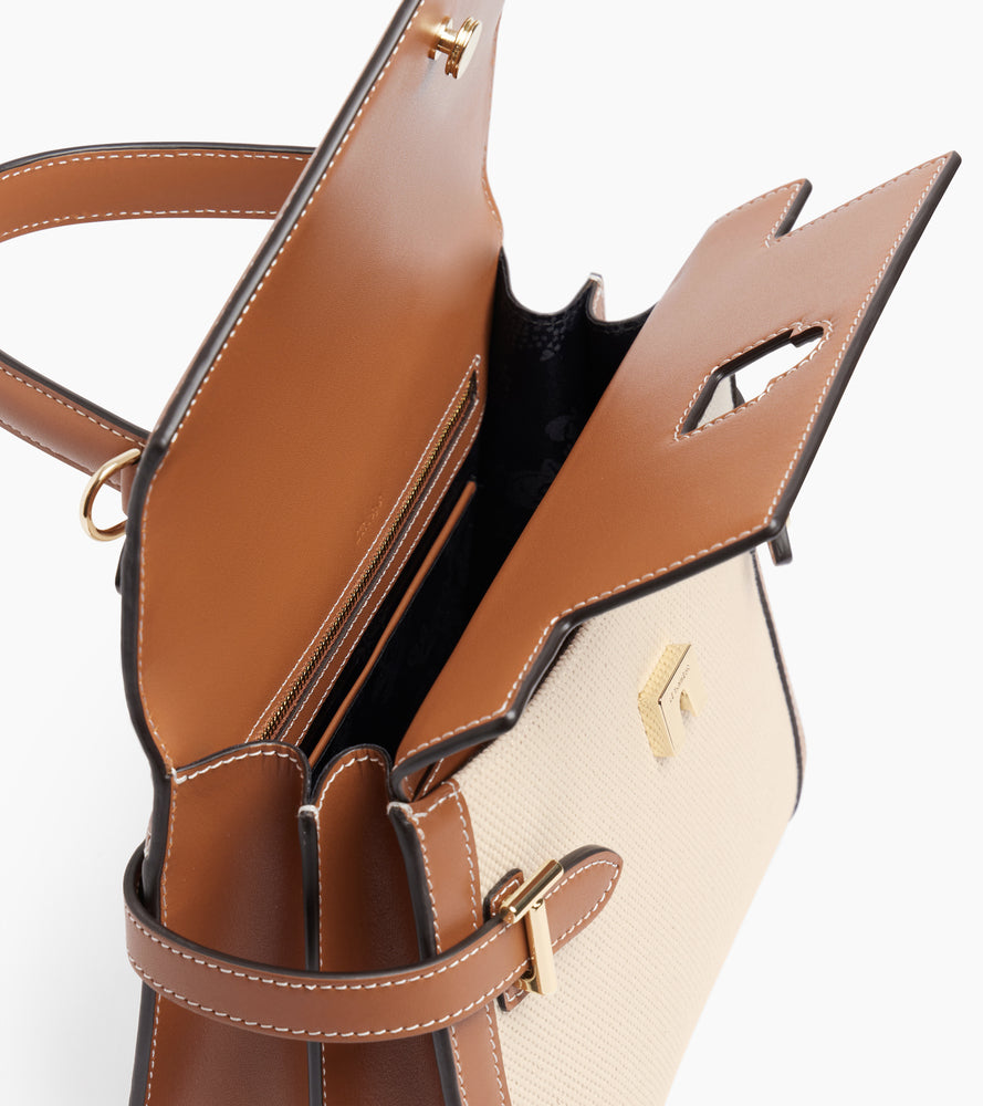 Sac à main double rabat moyen modèle Emilie en toile coton et cuir lisse