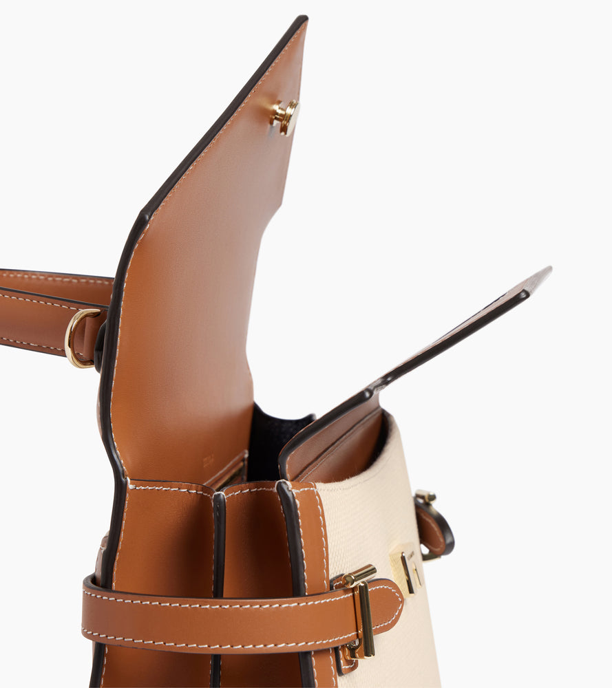 Sac à main double rabat moyen modèle Emilie en toile coton et cuir lisse