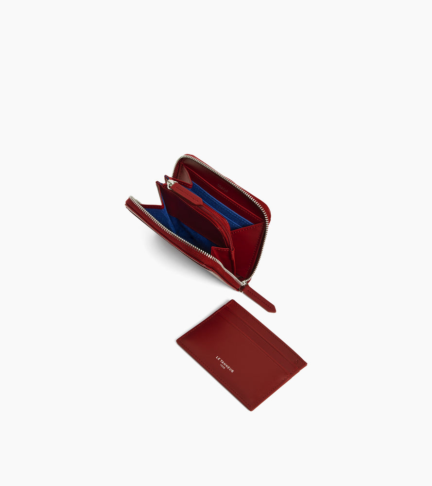 Porte monnaie zippé avec porte cartes amovible Charlotte en cuir lisse